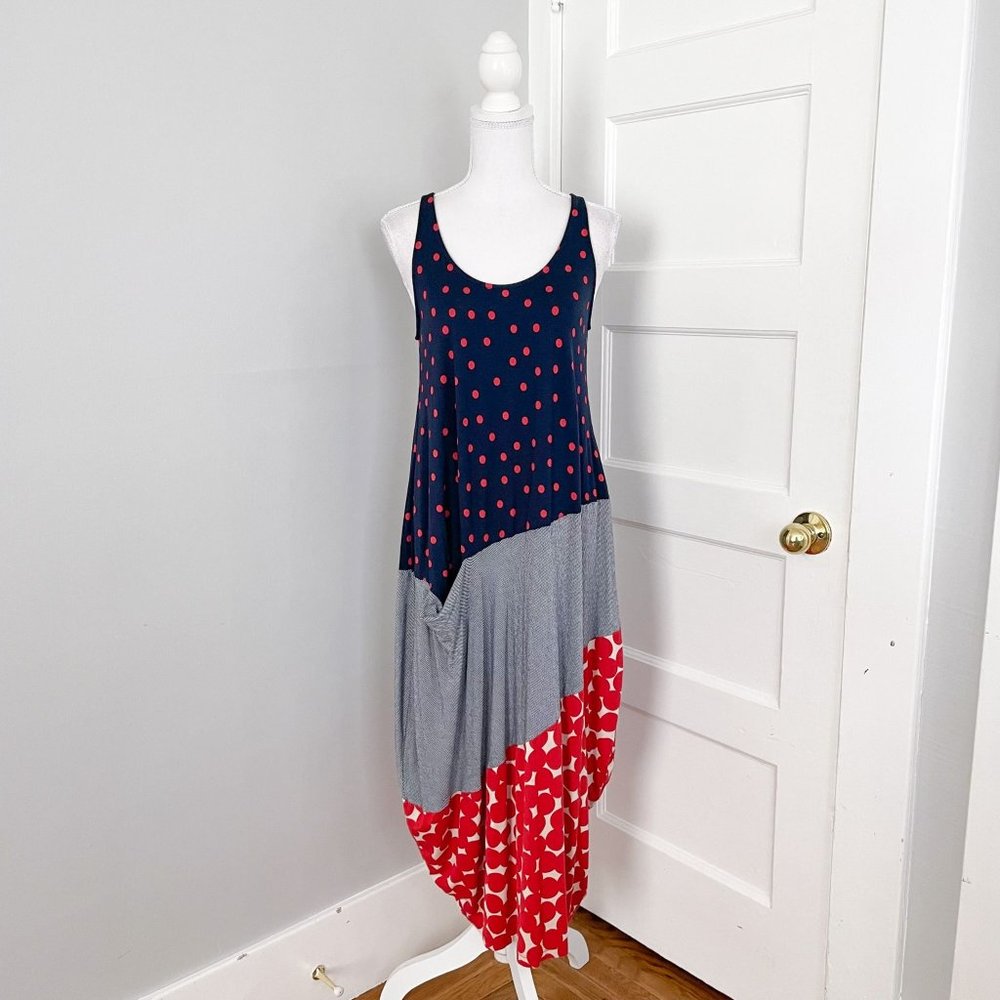 Asymmetrical Red and Blue Sleeveless Midi Sundress